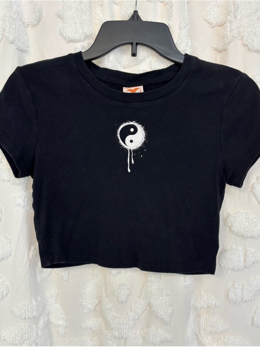 Self Esteem Black Crop Tee with White Yin Yang Graphic